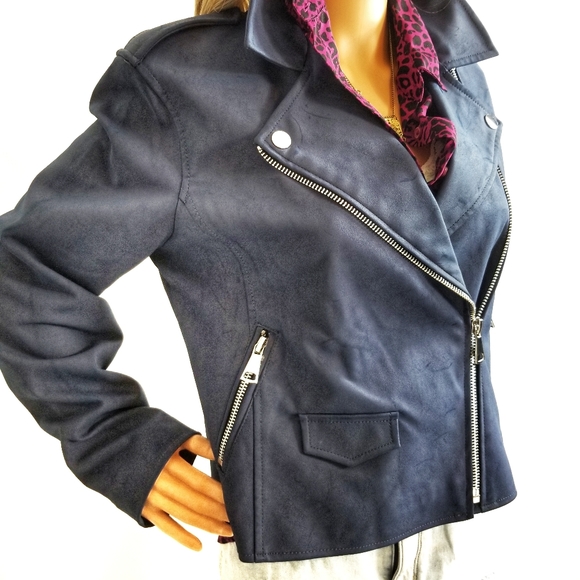NINE WEST Biker Jacket Navy Brushed Faux Leather - Picture 4 of 8